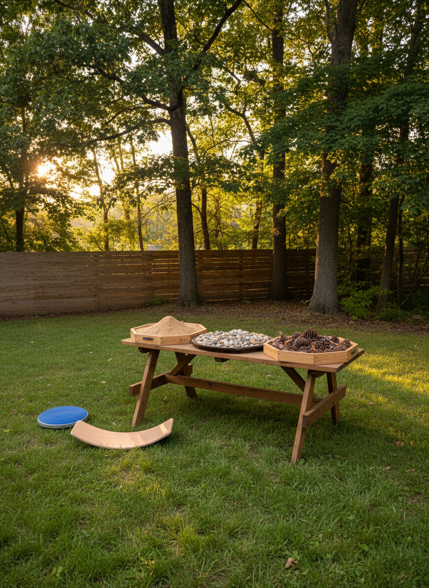 A serene outdoor therapy nook on a lush green lawn, centered around a sturdy wooden picnic-style table topped with sensory bins filled with kinetic sand, smooth pebbles, and natural pinecones. Beside the table sits a wobble cushion and a small balance board resting on the grass. In the background, tall trees and a simple wooden fence create a private, natural setting. Soft golden hour sunlight filters through the leaves, casting dappled light and gentle shadows across the scene. Captured from a slightly elevated angle with sharp focus throughout, the composition feels peaceful, grounded, and professional, highlighting nature-based pediatric OT work in clean, realistic photography.