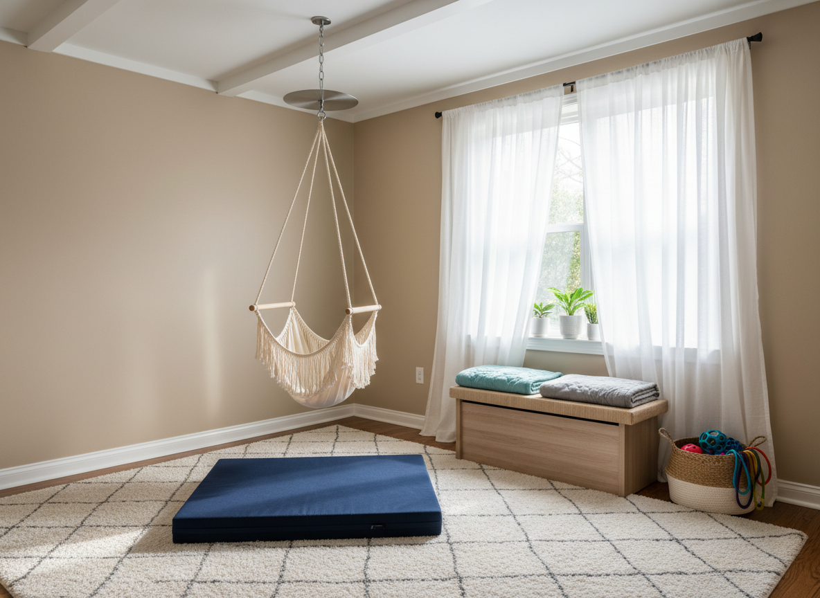 A cozy home living room adapted for pediatric occupational therapy, with a compact indoor sensory swing hanging from a secure ceiling mount, gently hovering above a thick navy crash mat. Around the swing, neatly folded weighted blankets in muted turquoise and gray rest on a low storage bench, alongside a basket of small fidgets and resistance bands. The space features soft neutral walls, a simple area rug, and a large window with sheer curtains allowing diffused daylight to fill the room. The lighting creates a calm, even glow with subtle shadows. Photographed at an eye-level, wide-angle view, everything is in crisp focus, conveying a safe, thoughtfully prepared home environment in a professional, photographic realism style.
