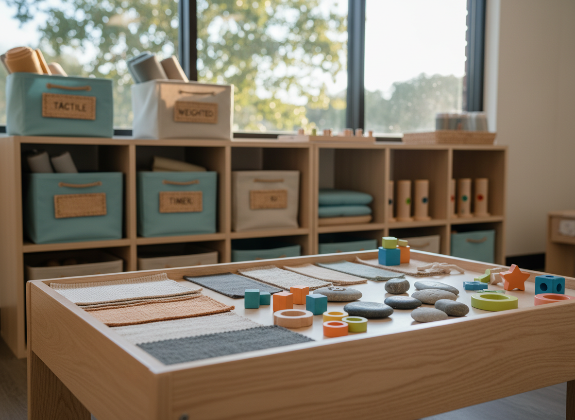 A neatly organized pediatric occupational therapy play space featuring a low, natural wood sensory table covered with textured fabric swatches, smooth river stones, and colorful wooden fidgets. In the background, open shelves hold neatly labeled bins of tactile materials, weighted lap pads, and visual timers, all in soft blues, teals, and warm neutrals. The scene is set in a bright, sunlit corner of a home with large windows and leafy trees visible outside. Gentle late-afternoon natural light creates soft highlights on the wood grain and subtle shadows under objects. Photographed at eye level with a slightly shallow depth of field, the composition feels calm, professional, and warmly inviting, emphasizing a child-led, organized environment in clean, photographic realism.