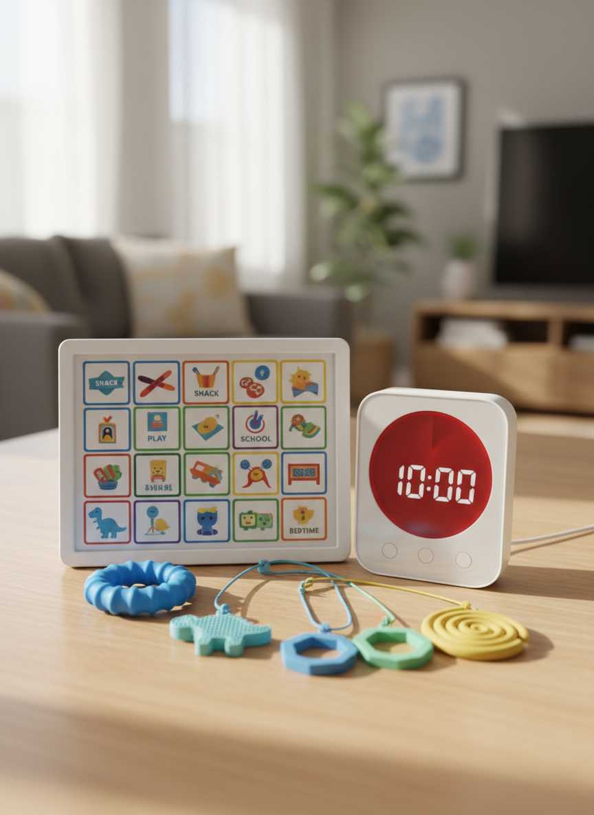 A close-up view of a set of carefully arranged OT tools for supporting autism and ADHD, spread across a smooth light-wood tabletop. Items include a visual schedule board with clear, colorful pictorial cards, a sleek digital visual timer with a bright red countdown disk, a small collection of silicone chewable necklaces, and a textured blue handheld sensory ring. The background gently blurs into soft tones of a tidy home environment. Soft natural window light from the left creates gentle highlights on the plastic and silicone surfaces and subtle shadows to the right. Shot from a slightly overhead, three-quarter angle with shallow depth of field, the mood is calm, organized, and clinically competent, presented in clean, photographic realism.