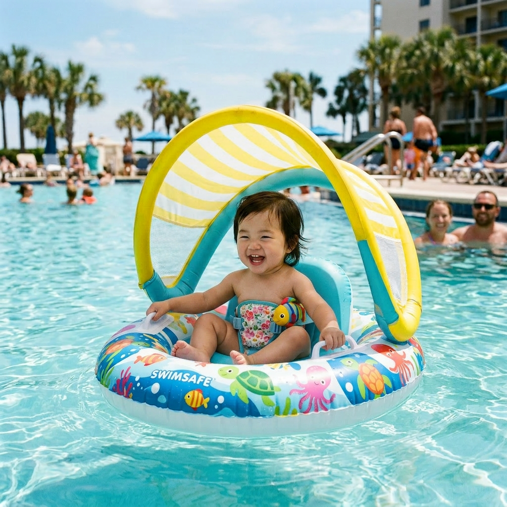 Toddler in a colorful inflatable swim float with sunshade in a swimming pool