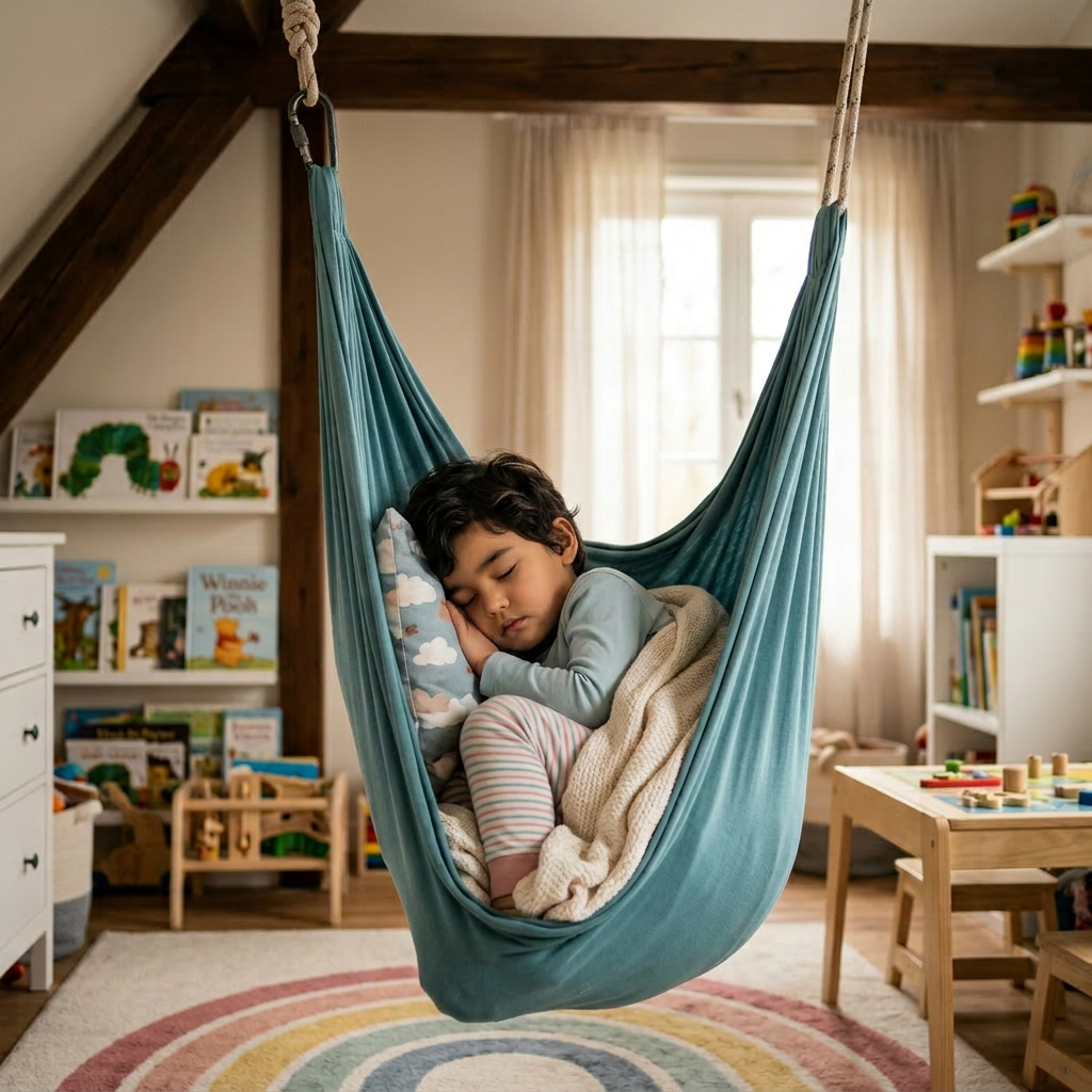 Child sleeping curled up in a teal hammock with a pillow and blanket in a bright playroom