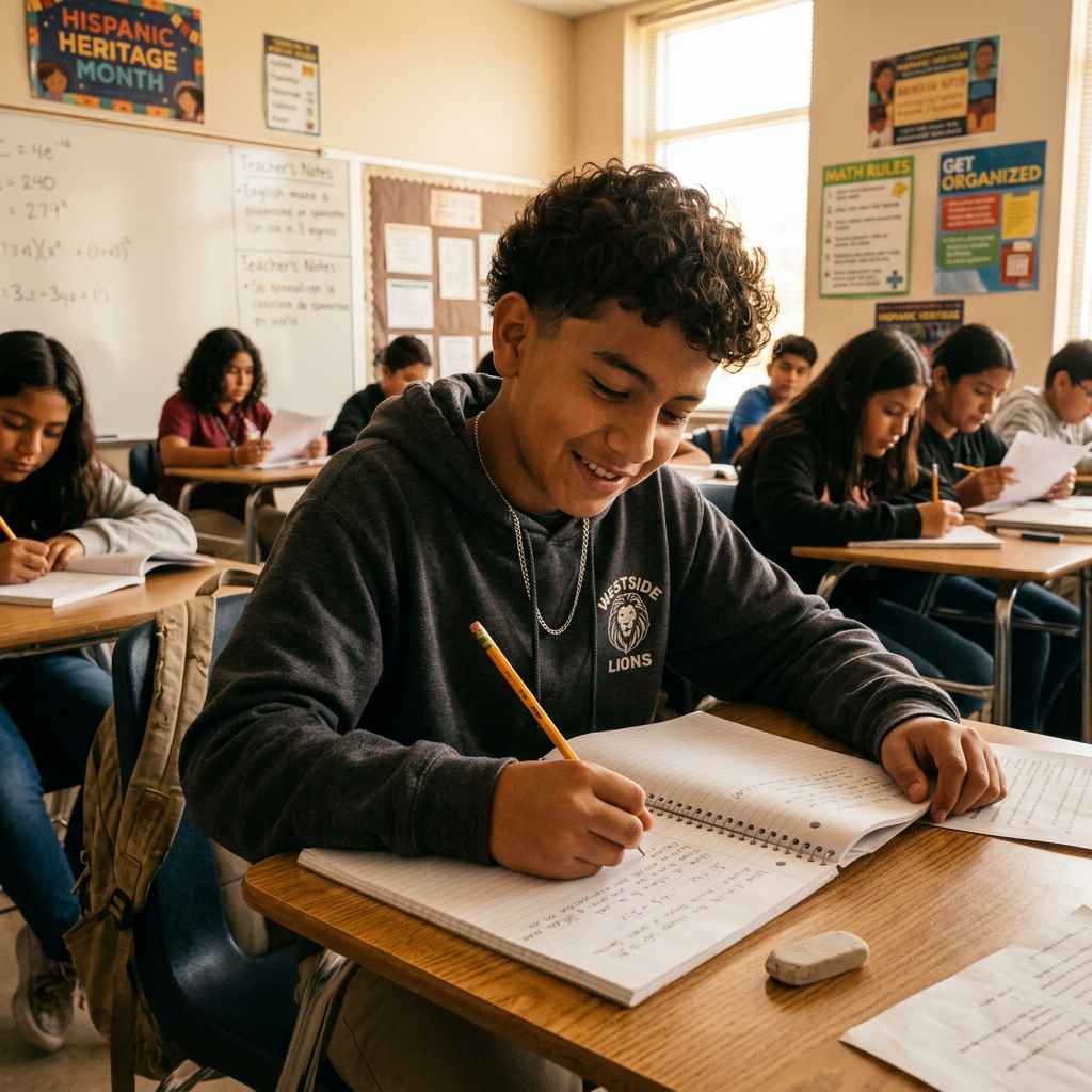 Middle school students writing in notebooks during class
